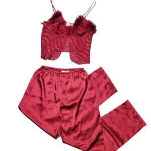 Satin Pajama Lengerie Set Red Feather Split Top Vintage Gilligan & O'Malley - S